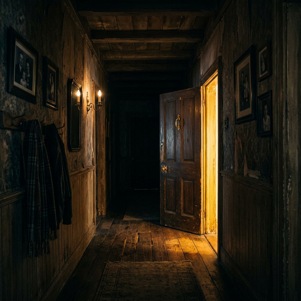 Dim narrow hallway with wooden floors, an open door emitting warm light, and vintage wall decor