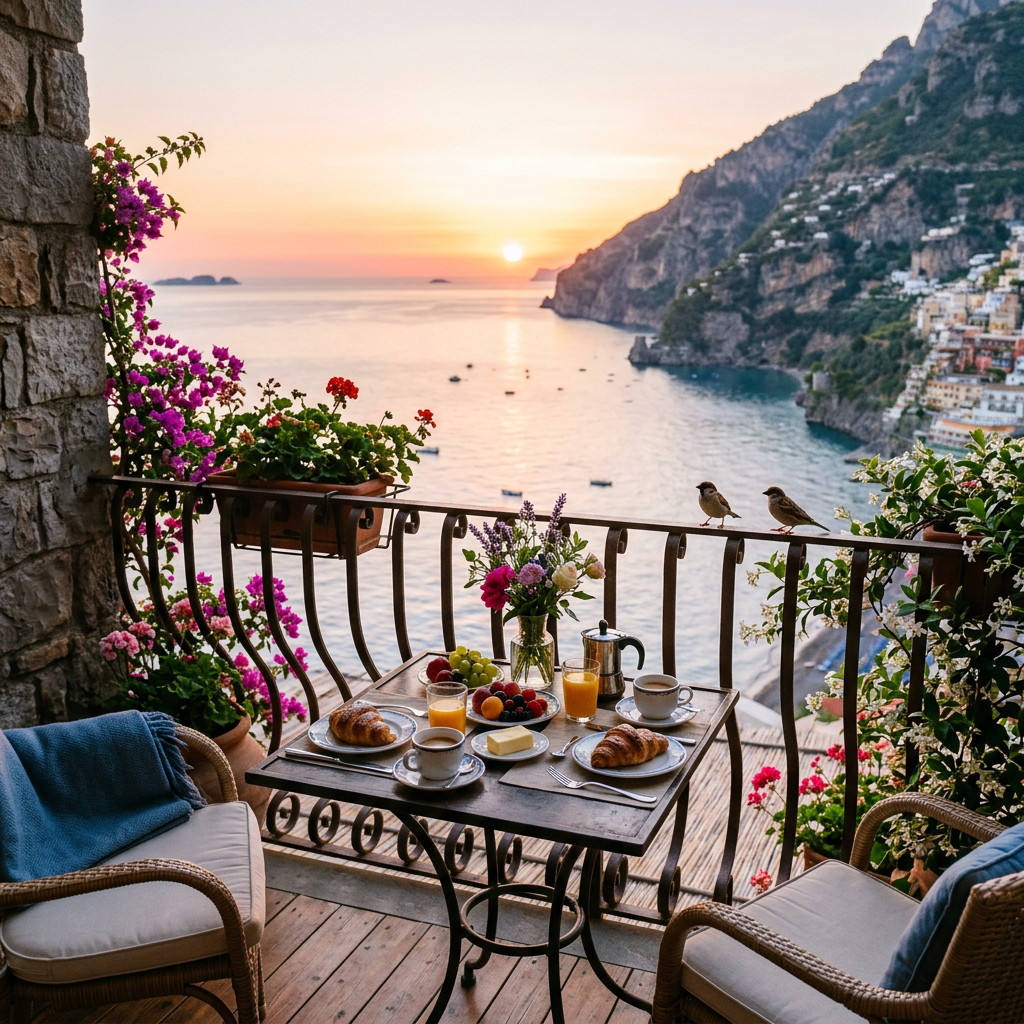 Breakfast table with croissants, coffee, juice, and fruit on balcony overlooking sea and cliffs at sunrise