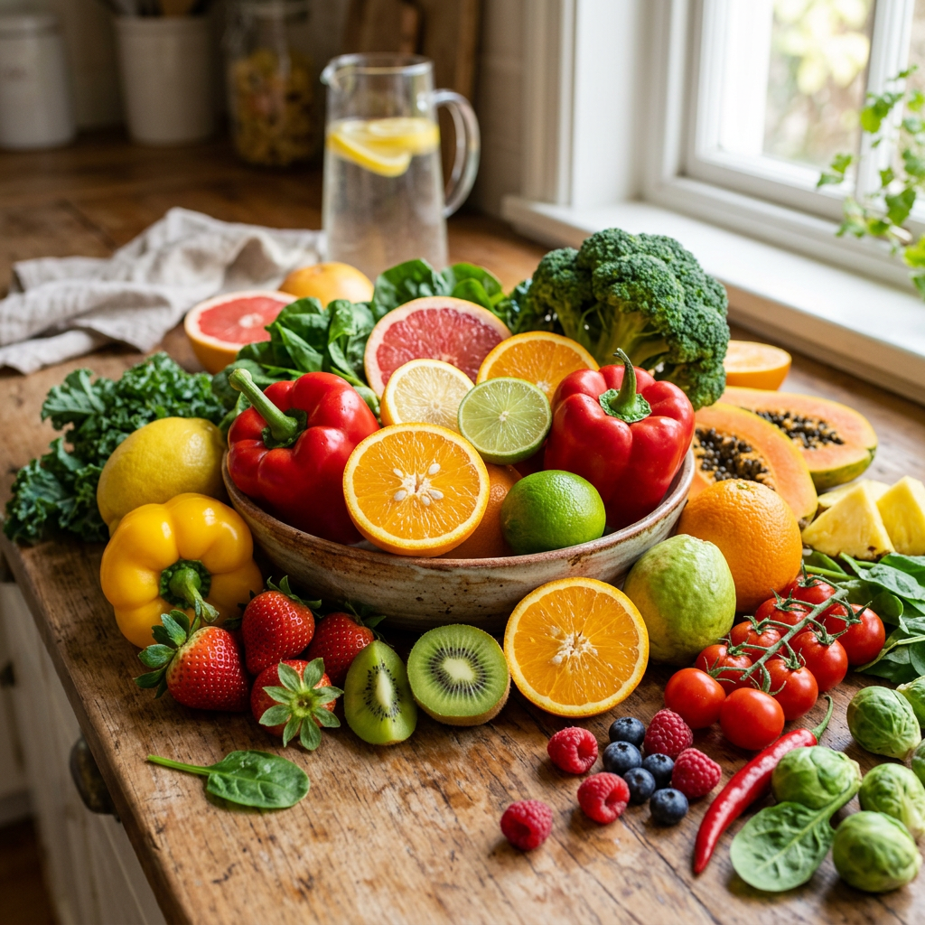 Variety of fresh fruits and vegetables including oranges, peppers, kiwi, berries, broccoli, and leafy greens on a wooden surface