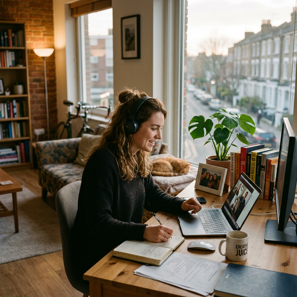 Woman with headphones on laptop video call taking notes at home desk