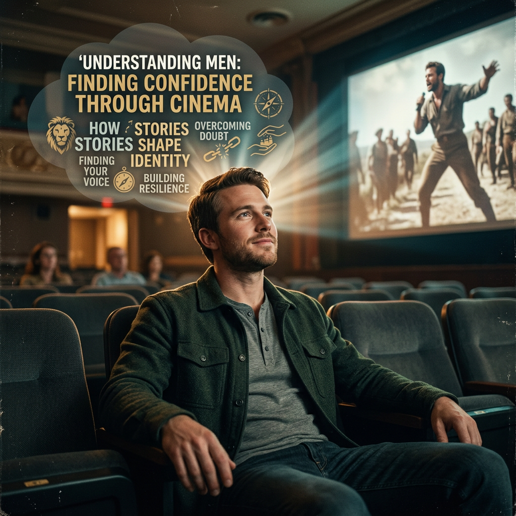 Man watching an inspiring movie about confidence and identity building in a theater