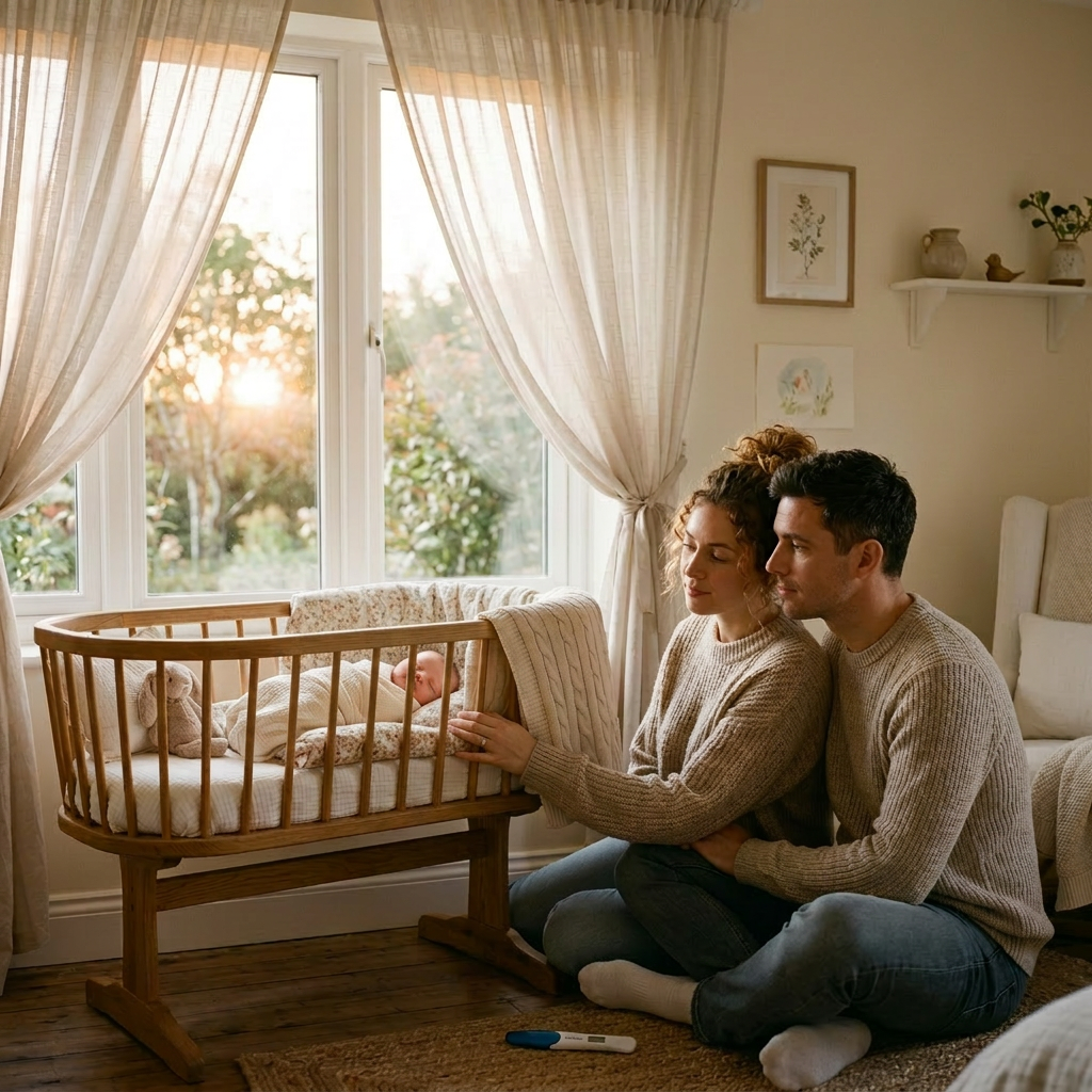 Couple sitting on the floor next to a wooden baby cradle with soft bedding and a stuffed toy inside