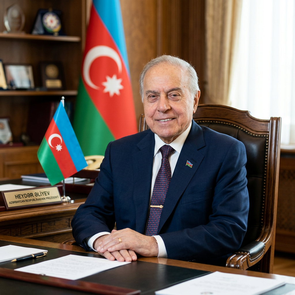 Azerbaijani President sitting at a desk with Azerbaijani flags behind him