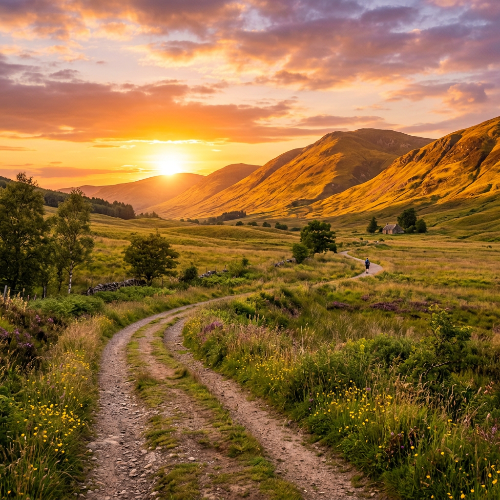 Dirt path winding through grassy fields towards golden hills at sunset