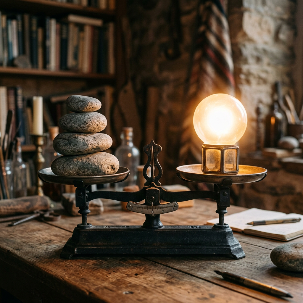 Antique balance scale with four stacked stones on left and lit bulb on right