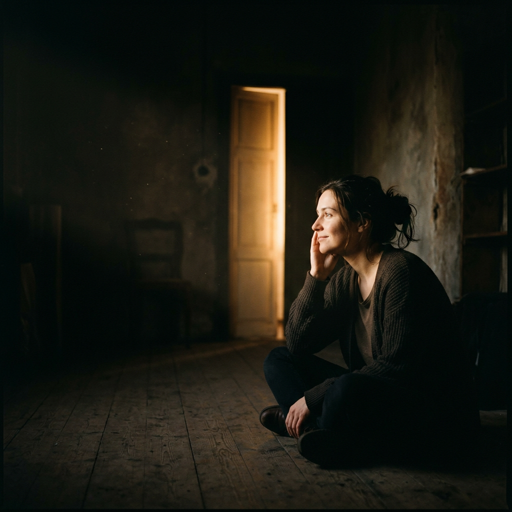 A woman sitting cross-legged on a wooden floor near an open door with warm light